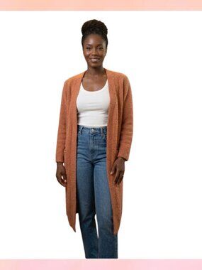 Forever 21 Rust Orange Fuzzy Bouclé Knit Long Cardigan Robe with Belt - Small